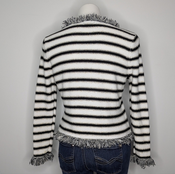 Vintage Cache Black White Striped Gold Long Sleeve Fringe Cardigan Sweater M - Picture 7 of 9